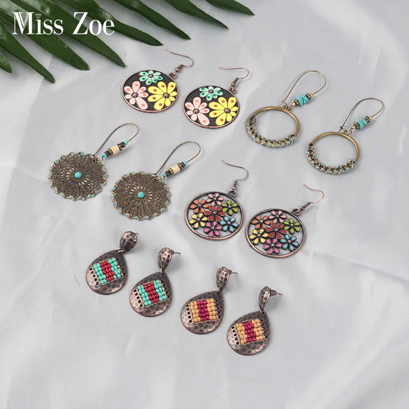 

12Styles Vintage Round Flowers Earrings for Women Party Fashion Bohemian Geometric Drop Earrings Boho Ear Jewelry Gift for Girls