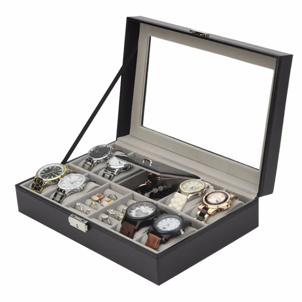 

2 In One 8 Grids+3 Mixed Grids Black Leather Watch Box Watch Rings Storage Organizer Jewelry Display Case 2018 Brand New
