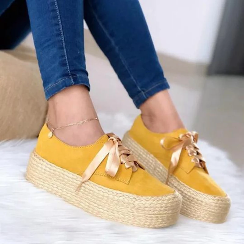 

Women Canvas Loafers Girls Lace Up Round Toe Casual Flats Thick Bottom Flats Shoes Footwear Fashion Ladies Espadrille Shoes
