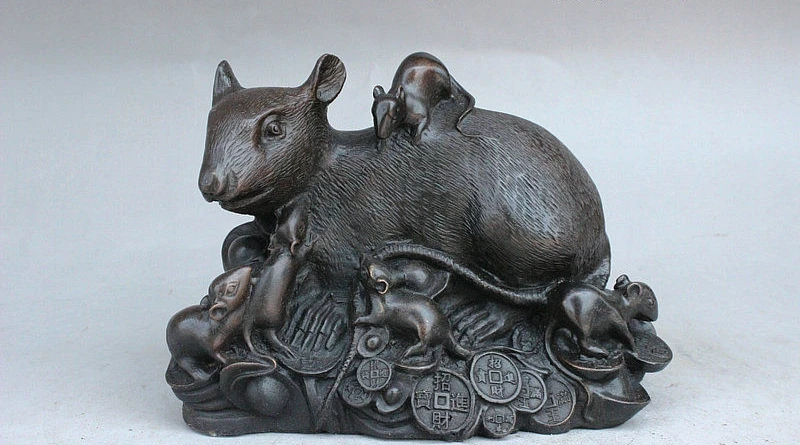 

7" China FengShui Bronze Wealth Zodiac Year Mouse Carry Mouselet YuanBao Statue