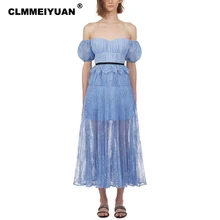 Шикарное женское летнее пляжное стильное детское Голубое Кружевное платье макси, сексуальное Плиссированное Сетчатое длинное платье с открытыми плечами, элегантное платье с пышными рукавами