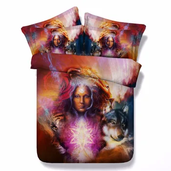 

3D HD Digital Printing Witch with Wolf Bedding Set, Oil Fantasy Mystery Woman Home Decor,Modal Cotton Duvet Cover Set Bedclothes