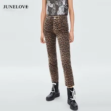 JuneLove Новинка Винтаж элегантный леопардовый узор женские джинсы брюки Высокая Талия, принт с животными, джинсы с открытой щиколоткой Повседневное Pantalon Mujer