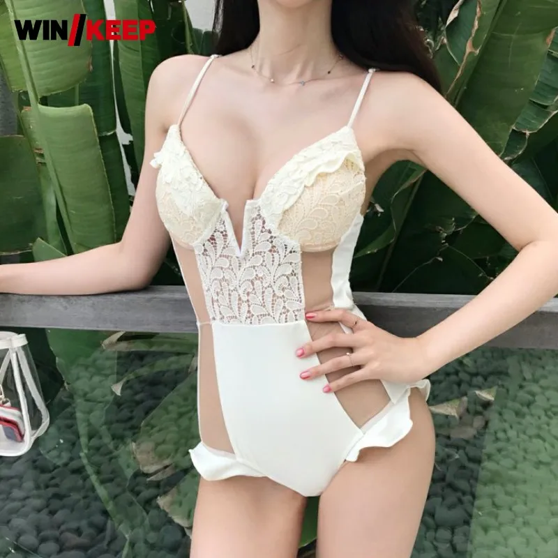 Горячее сексуальное женское бикини с оборками прозрачное с высокой талией, треугольный облегающий купальник цельный бикини Пуш Ап глубокий v-образный вырез купальник
