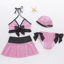 Детский купальный костюм для девочек с узором в горошек и бантом дизайн купальный костюм-бикини 4 шт./компл. купальник-бикини для девочек, одежда для малышей Одежда для купания для девочек, 2-6Yrs