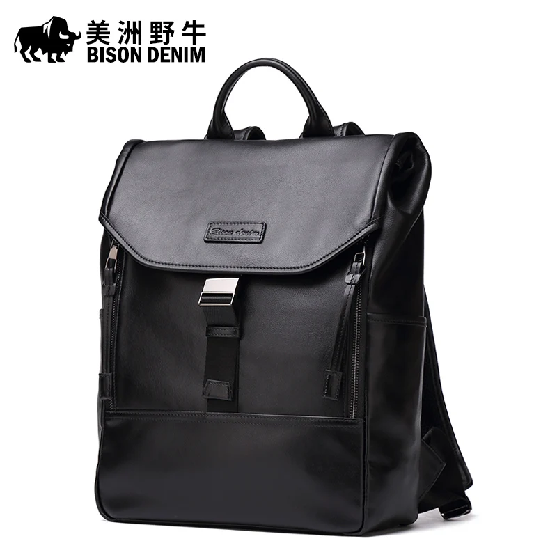 Brand BISON DENIM Top Genuine Leather School Bags For Teenagers Backpack Men Travel Casual Cowhide font