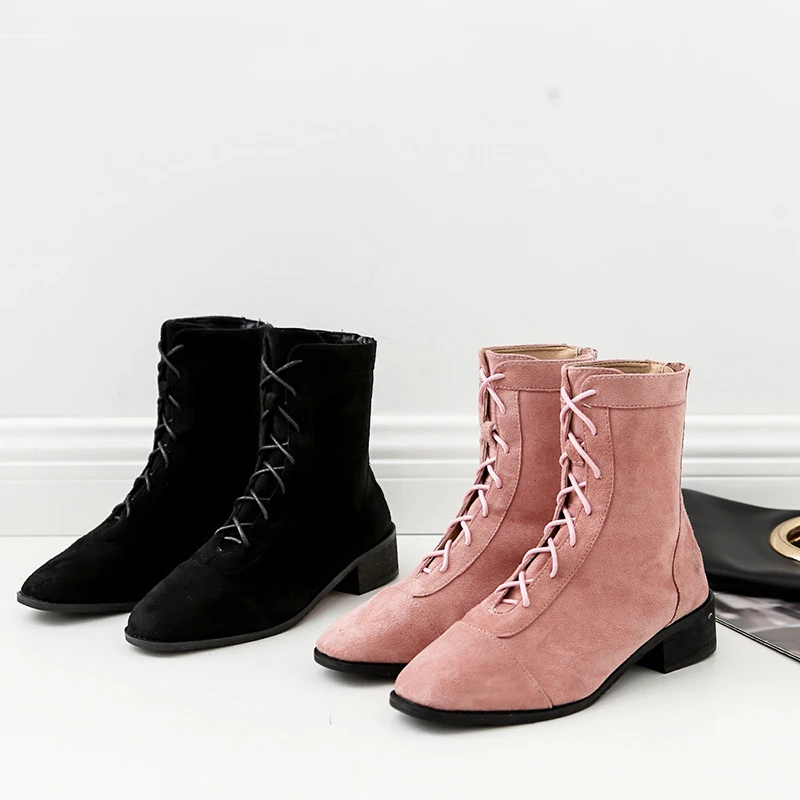 

Autumn Winter Women Solid Lace-Up Ankle Boots Square Toe Med Square Heel Cross-tied Elegant White Pink Boots Plus Size 40 6O0203