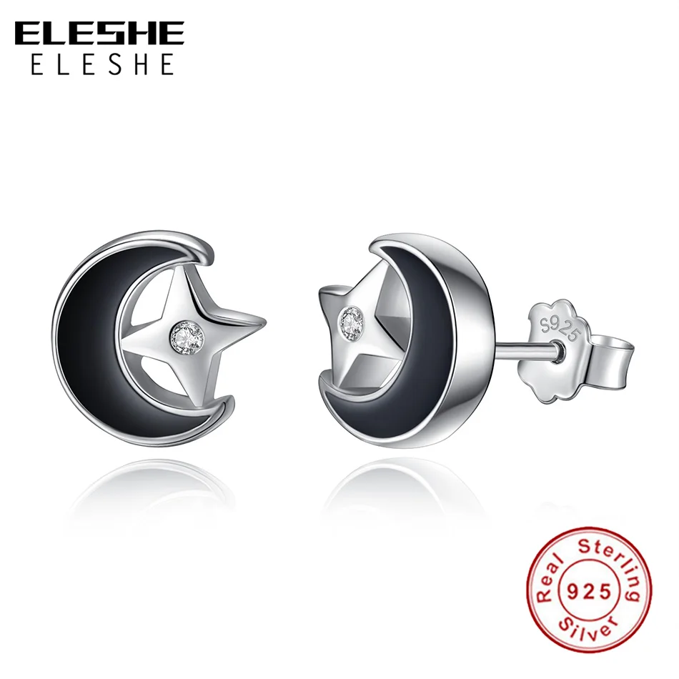 ELESHE Romantic Black Enamel Moon Star 925 Sterling Silver Stud Earrings for Women Vintage Jewelry Accessories Party Gift