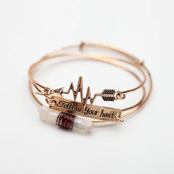 

2017 3PCS Natural Stone Arrow Crystal Pendant with Letter Carving Follow Your Heart Bangle Retro Alloy Cuff Bangle MYC09001