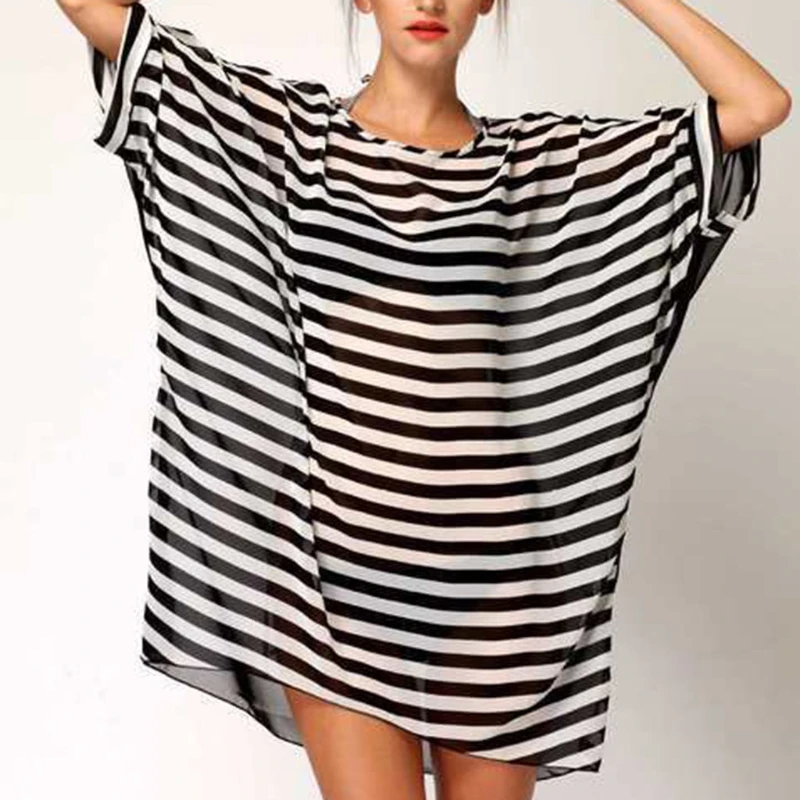 KLV Fashion Striped T shirt Women's t shirts Cover Up Chiffon