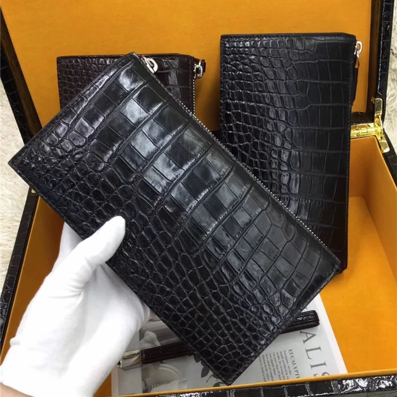 

Fancy Genuine Crocodile Belly Skin Zipper Closure Men's Large Clutch Wristlets Bag Exotic Real Alligator Leather Male Card Purse