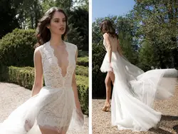 После короткого before long 2016 sexy глубокий v-образным вырезом vestido де noiva casamento robe de mariage дешевые кружева Свадебное Платье невесты платья