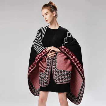 

2020 FXFURS Winter Scarves Women's Cashmere Feel Ponchos Capes Striped Design Pashmina Ladies Knit Shawl Cape Vintage Blanket