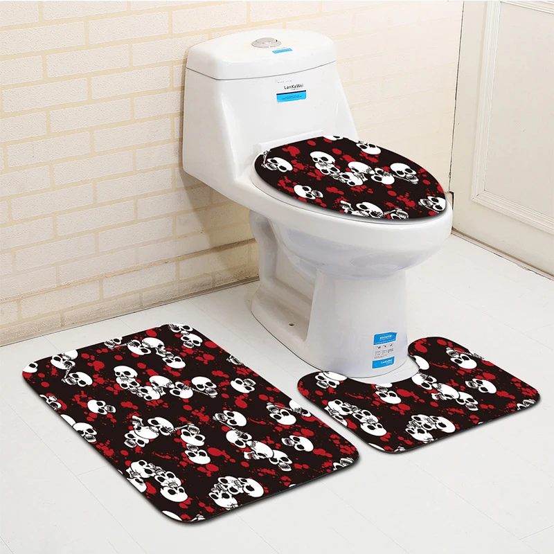 

3 PCS Skull Print Non Skid Bath Mat Set Large Strong Suction Anti Non Slip Bath Shower Mat Soft Flannel Polyester Bathroom Rugs