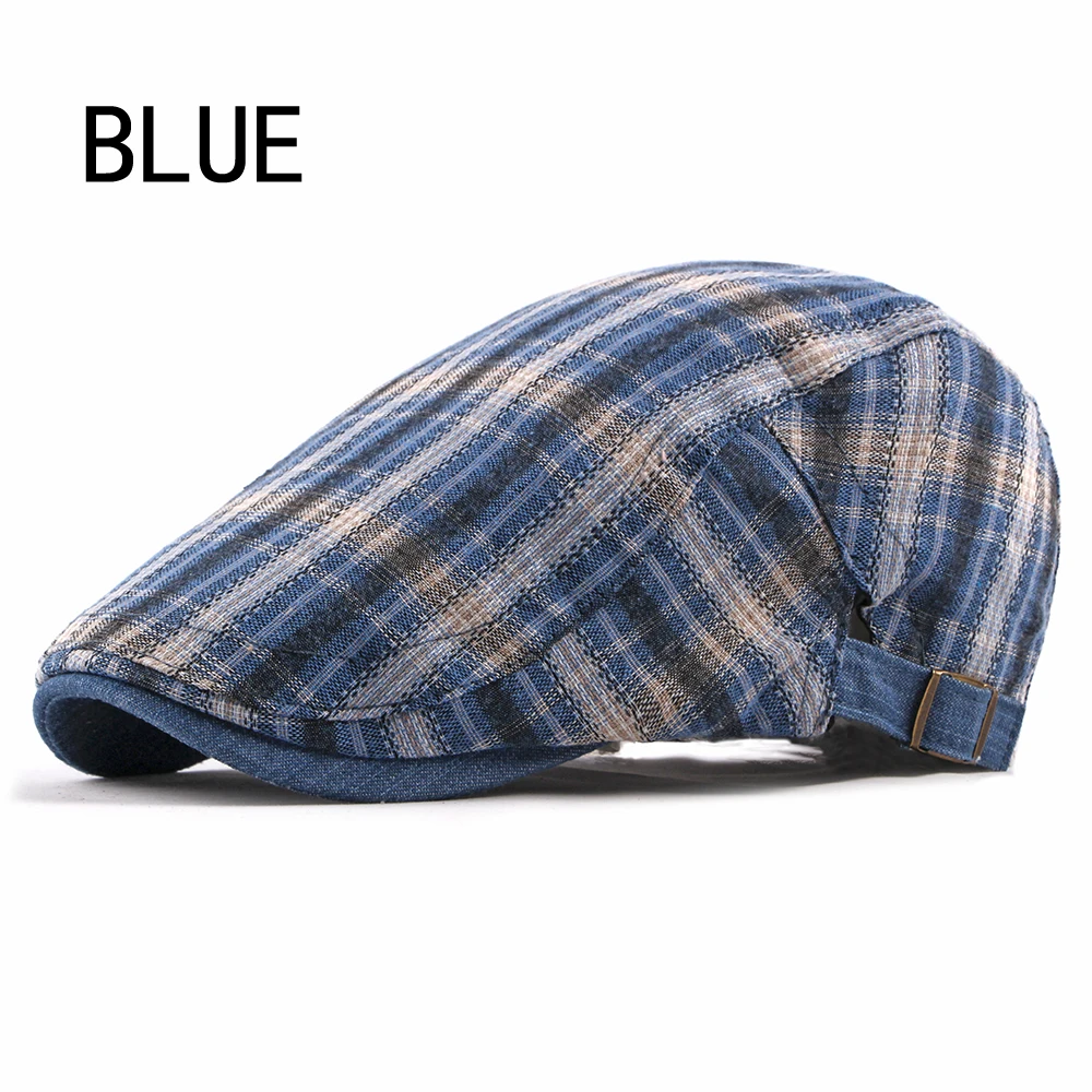 Модные весенне-осенние шапки для мужчин, повседневные хлопковые береты, кепки s Gorras Planas Boinas, клетчатые плоские кепки, регулируемые береты, Casquette - Цвет: BLUE