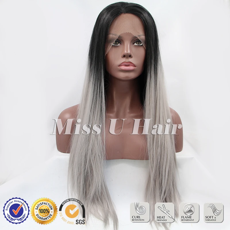

Black color resistant grey hair wig straight grey ombre wig stock free shipping synthetic lace front wig