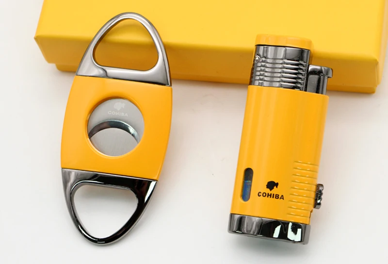

COHIBA Yellow Windproof Cigar Lighter Cutter 3 Torch Jet Flame With Cigar Punch Set Cigar Cigarette Lighters New Arrival
