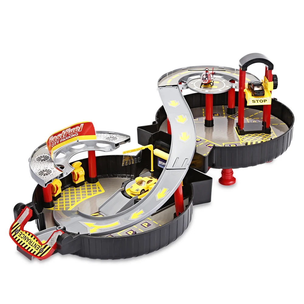 

Kids Raceway Car Play Set Parking Toys Model Building 2 Vehicles And 1 Helicopter Kits With Portable Wheel Shape Suitcase