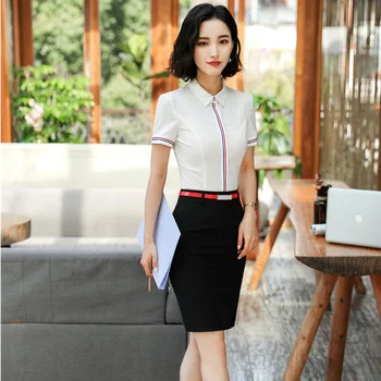 

Summer Uniform Styles Formal Business Suits with 2 Piece Skirt and Tops Sets Blouse & Shirts Office Ladies Work Wear White