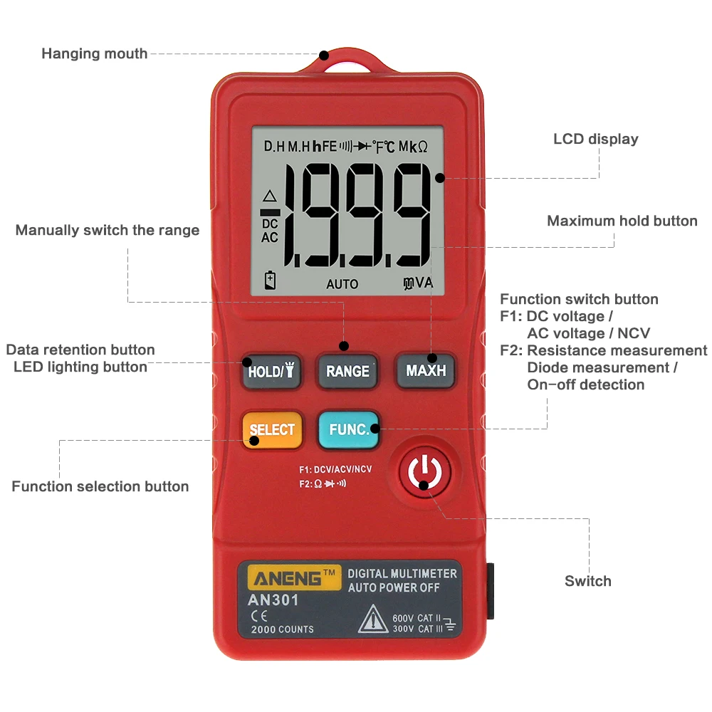 Multi-function AN301 Mini Digital Multimeter 1999 Counts Portable AC DC Voltmeter Resistance Ammeter Meter Tester with LED Light