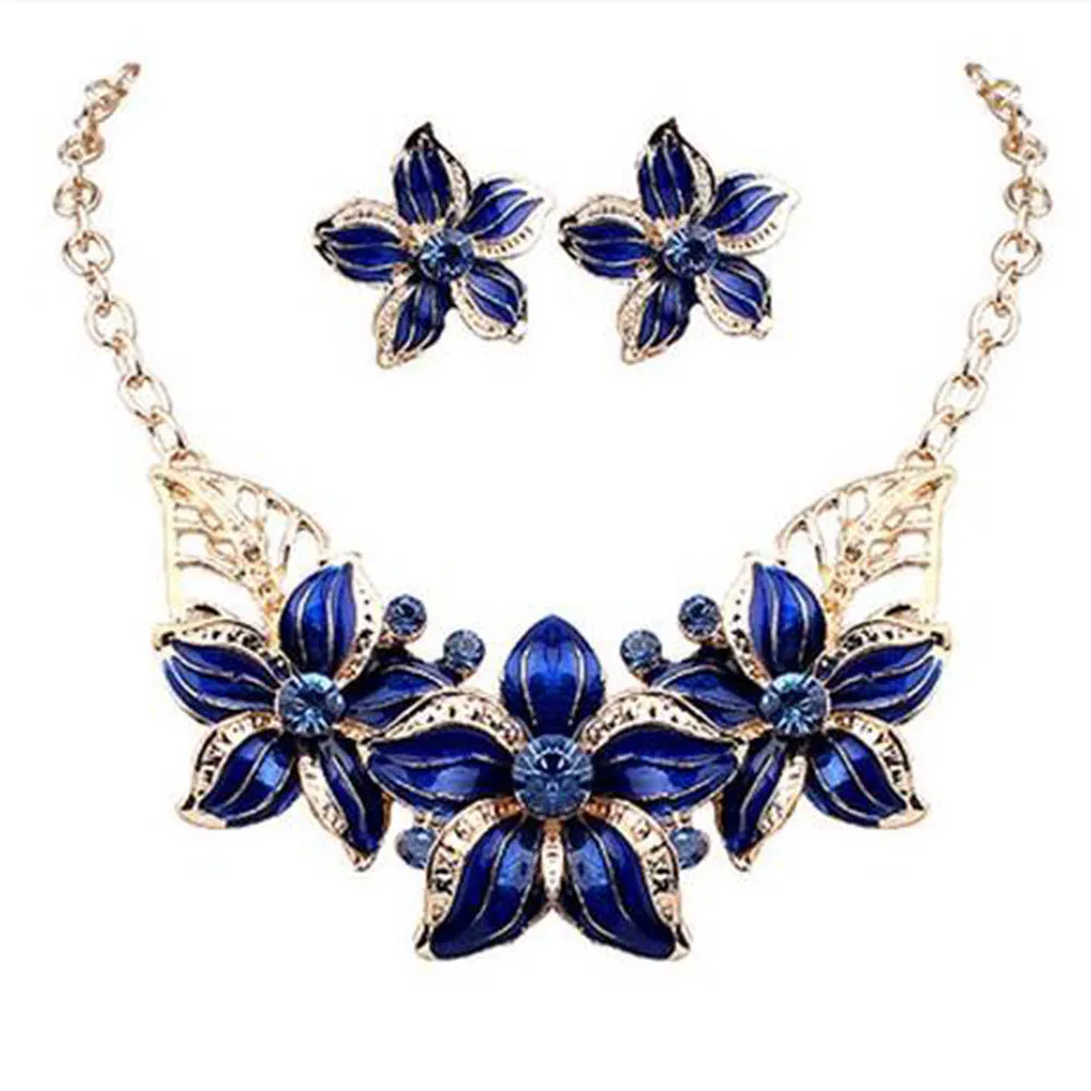 IPARAM комплект украшений ожерелье серьги женские вечерние капли масла цветок Джокер романтические красивые Удивительные ювелирные изделия подарок - Окраска металла: Blue