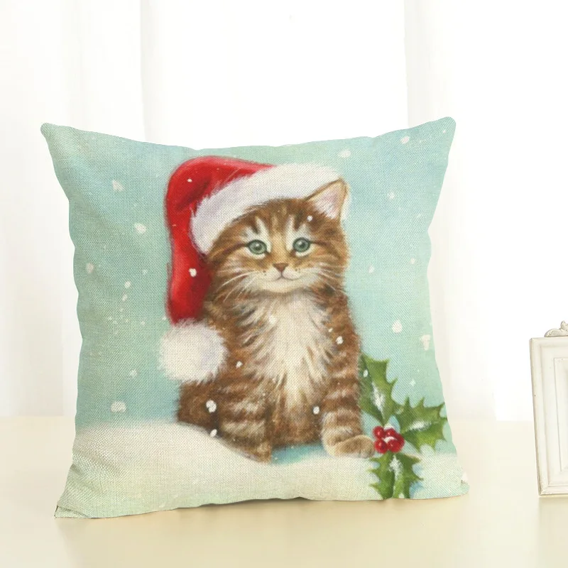 

45x45cm New Year Merry Christmas Hat Christmas Stocking Cat Dog Pattern Christmas Decorations for Home Square Linen Pillowcase