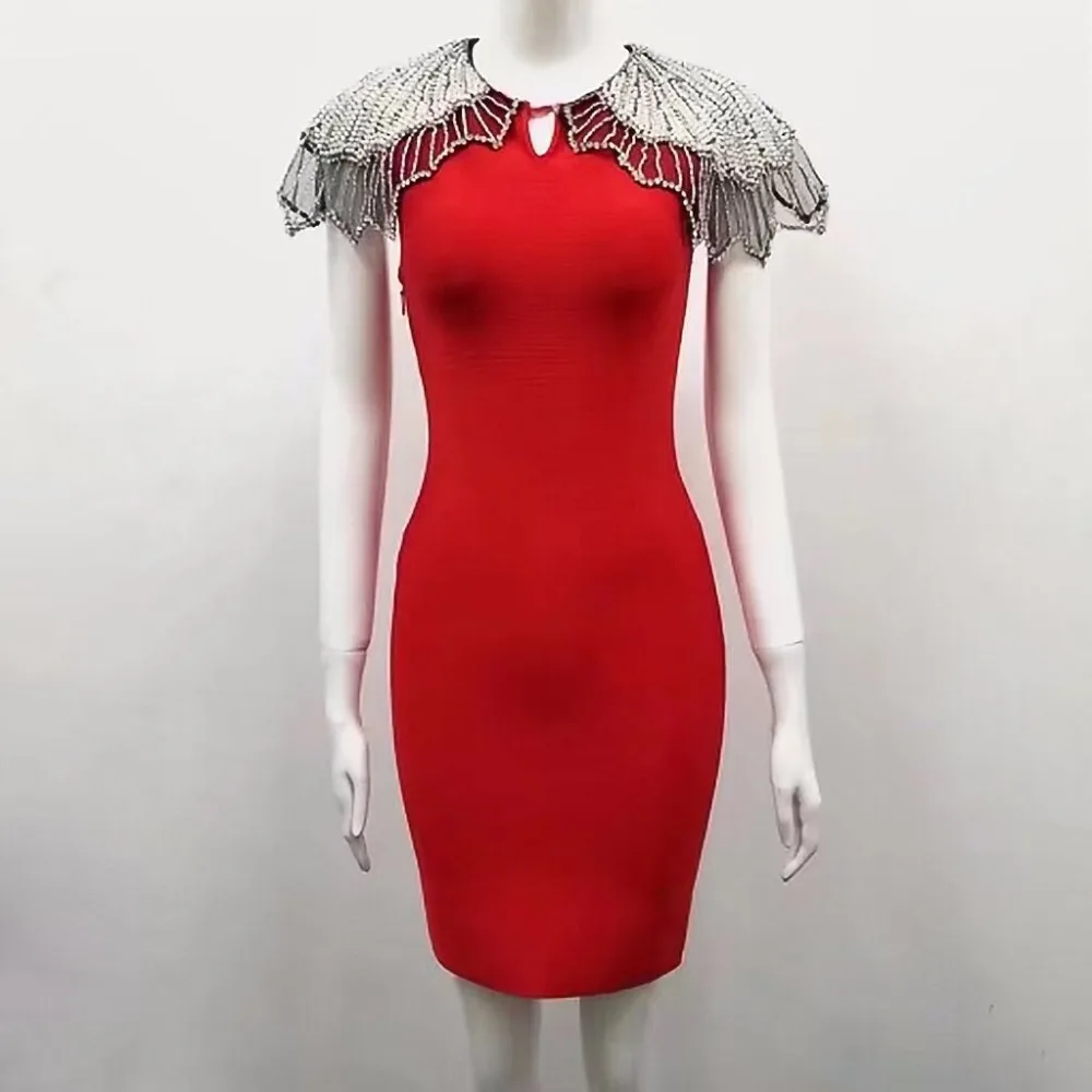 6-Colors-Women-Sexy-Short-Sleeve-Beading-Red-Black-White-Bandage-Dress-2018-Knitted-Elastic-Designer