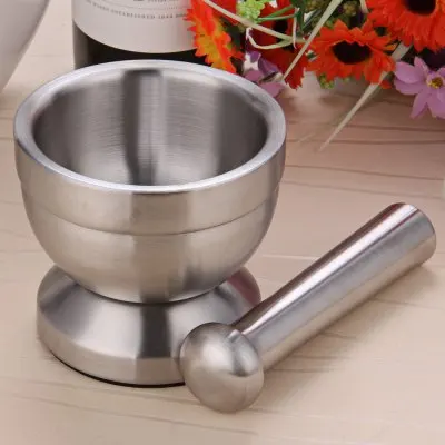 

Double Stainless Steel Mortar and Pestle Pedestal Bowl Garlic Press Pot Herb Mills Mincers
