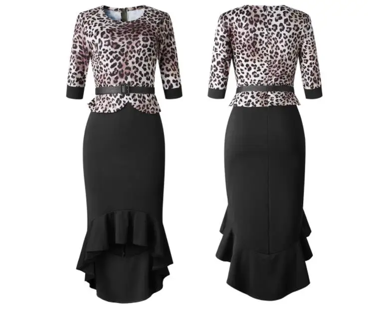 Леопардовое элегантное платье русалки, Осеннее женское Бандажное платье со средним рукавом и круглым вырезом, сексуальное платье размера плюс с поясом, Vestidos - Цвет: Черный