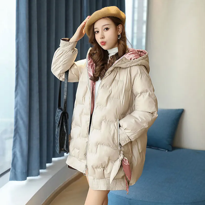 Зимняя женская куртка пальто модные яркие пуховики Толстая средняя длинная одежда теплая Женская свободная Куртка парка с капюшоном HS114 - Цвет: Champagne