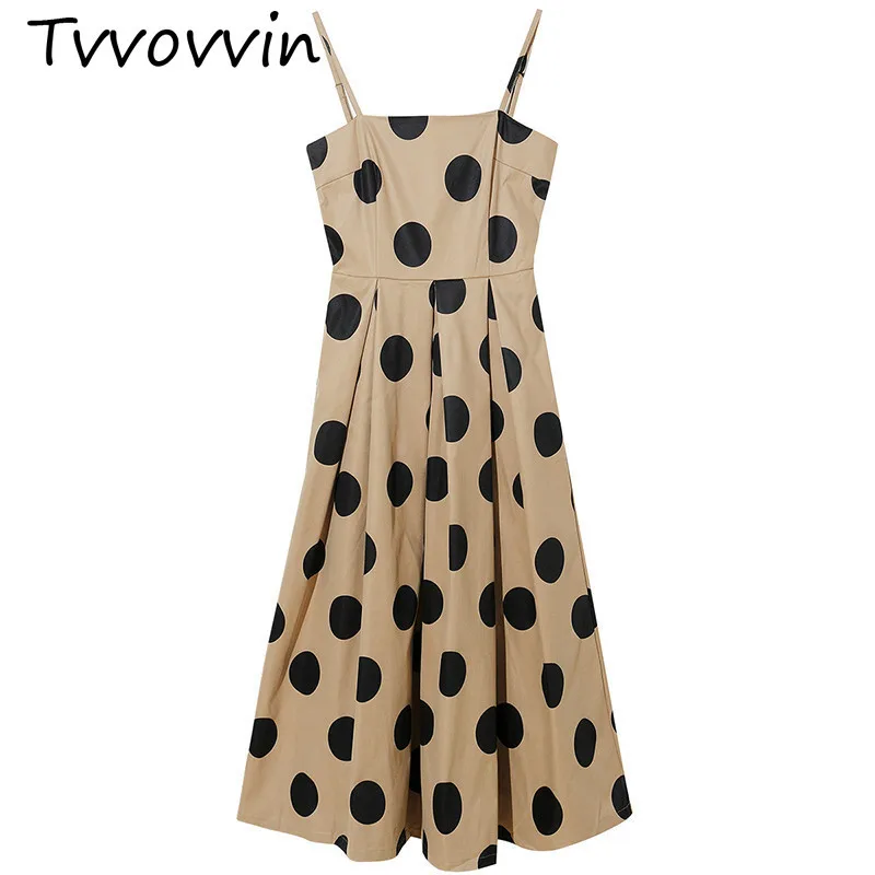 

TVVOVVIN 2019 New Spring Summer Spaghetti Strap Dot Printed Pleated Split Joint Loose Temperament Dress Women Fashion Tide V826