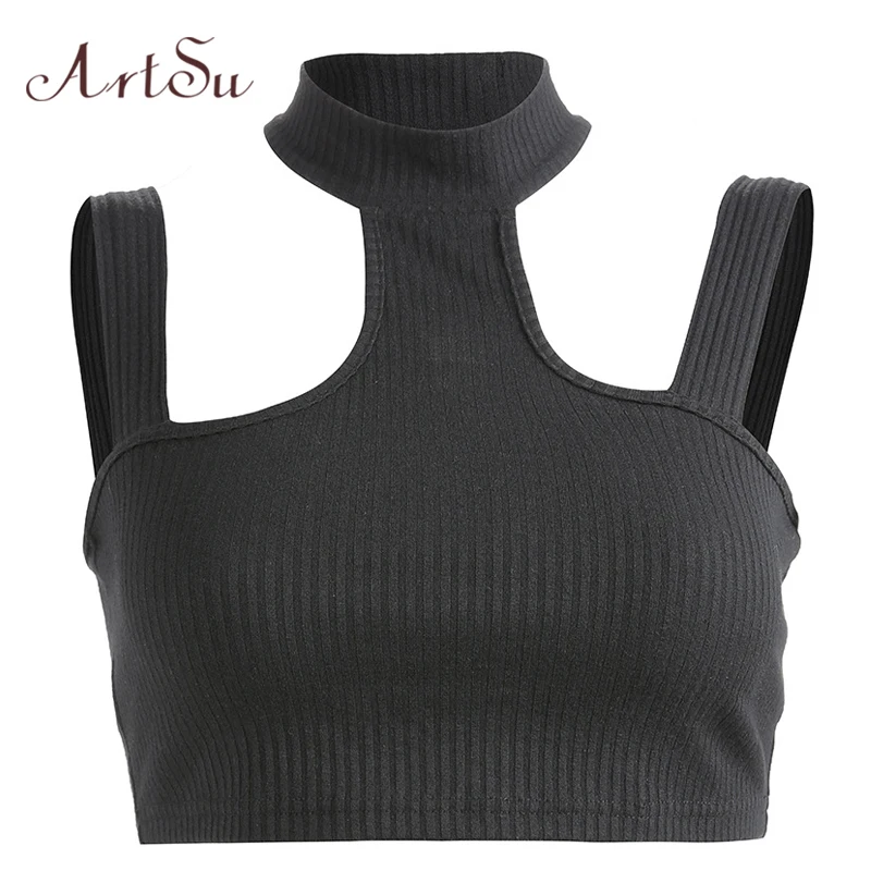 

ArtSu Black Crop Top Sexy Off Shoulder Bustier Halter Tank Top Backless Casual Tops Club Camisole for Women Streetwear ASVE20391