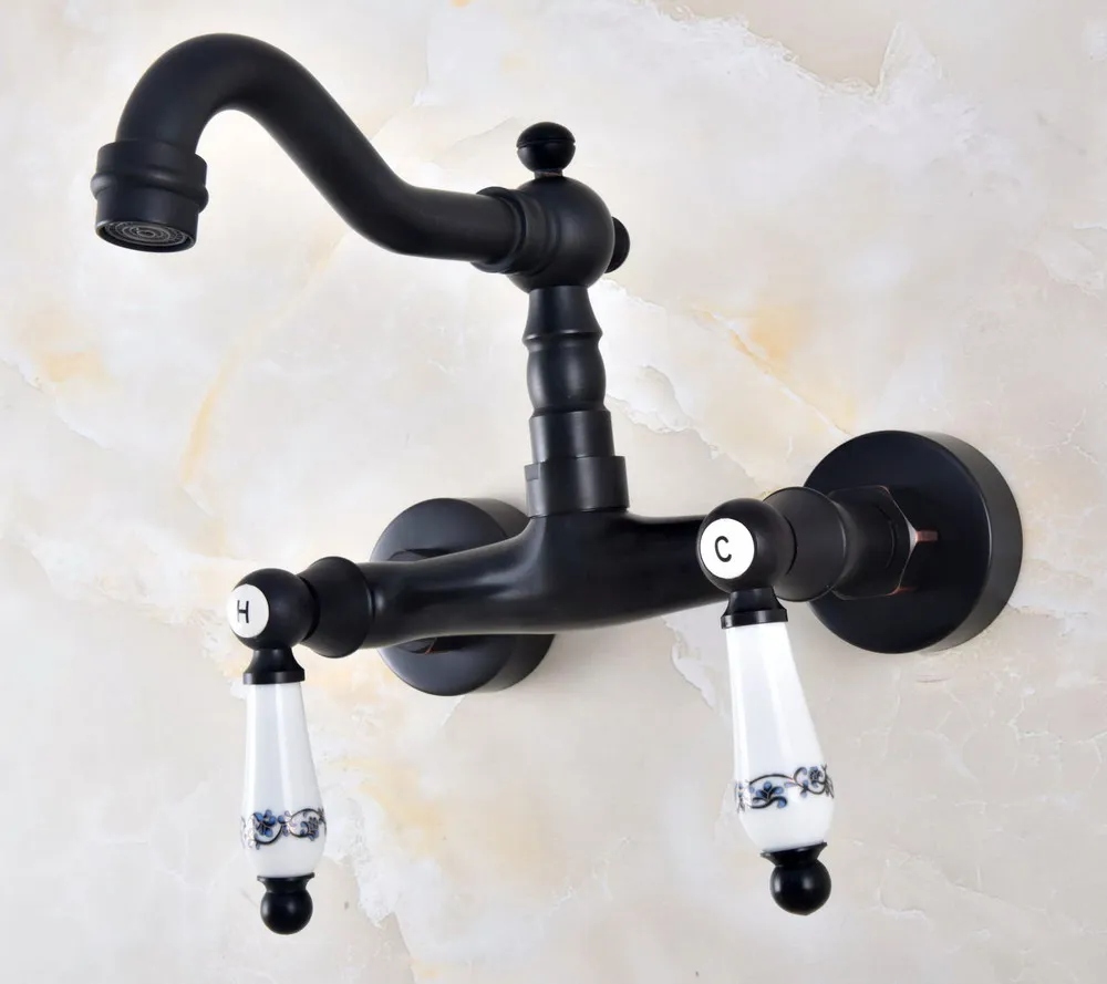 Kitchen Wet Bar Bathroom Vessel Sink Faucet Black Oil Rubbed Brass Wall Mounted Swivel Spout Mixer Tap Dual Ceramic Lever mnf828
