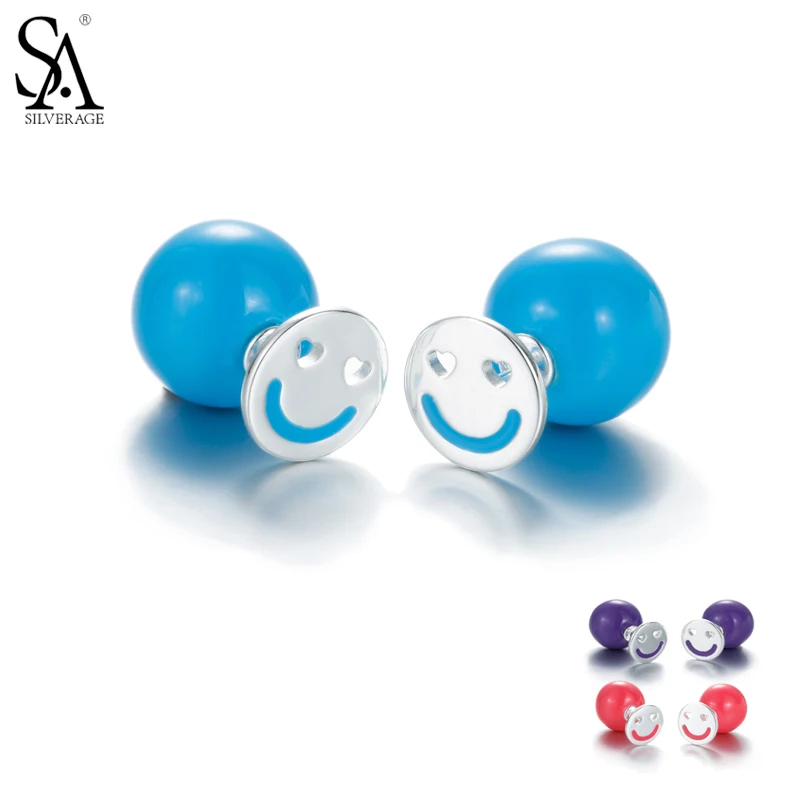 Женские серьги гвоздики со смайликом Sa Silverage с натуральным двухсторонним