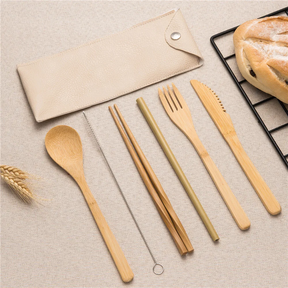 

Portable Wooden Cutlery Set Travel Dinnerware Wood Toothbrush Chopsticks Knife Dinner Fork Spoon Set Brush Cloth Bag Cutlery Set