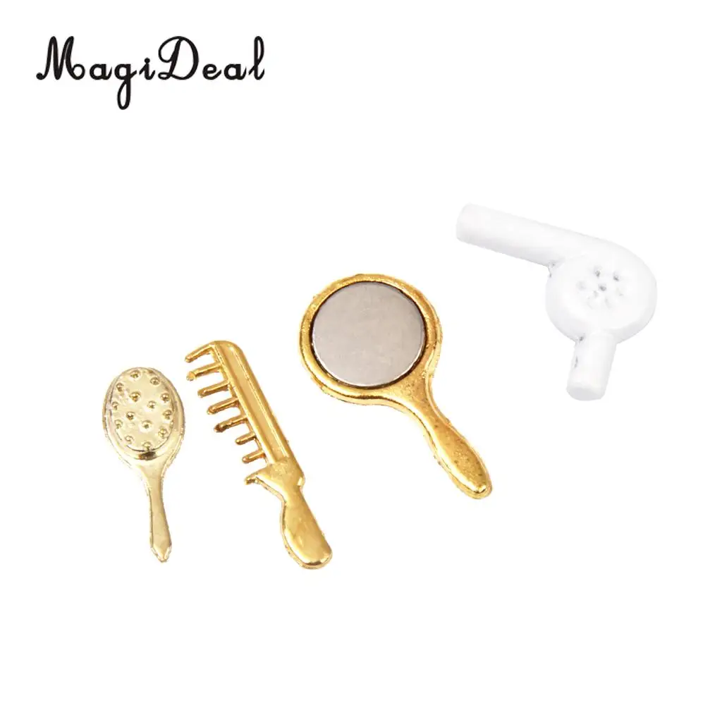 MagiDeal 4Pcs/Set 1/12 Dollhouse Miniature Comb Hair Dryer Mirror for Dolls Bathroom Accessories Children Toys