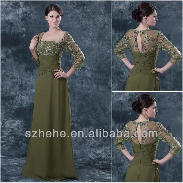 Free shipping CW1604 Elegant applique beaded dark olive green long sleeve mother of the bride