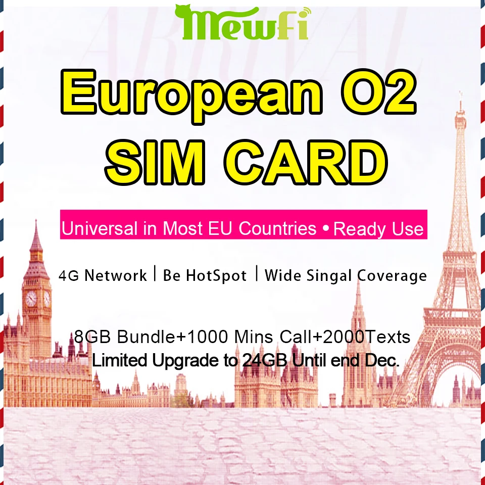 

Mewfi O2 Europe Travel Sim Card 30 Days 8GB High Speed 4G Data+1000 Mins Call+Unlimited SMS Triple Card Mobile Phone Sim Card