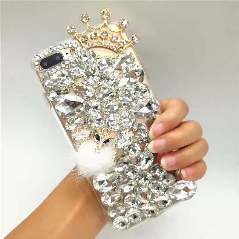 

For Huawei P8 P9 P10 P20 Lite Plus Mate 9 10 20 Pro Crystal Crown Cover Bling rhinestone Fox fur ball pompom soft Phone case