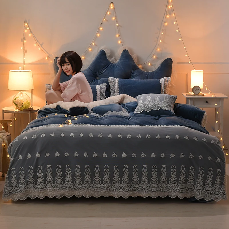 

Blue Purple Soft Berber Fleece Princess Girl Bedding Set Fleece Fabric White Lace Duvet Cover Bed sheet Bed Linen Pillowcases