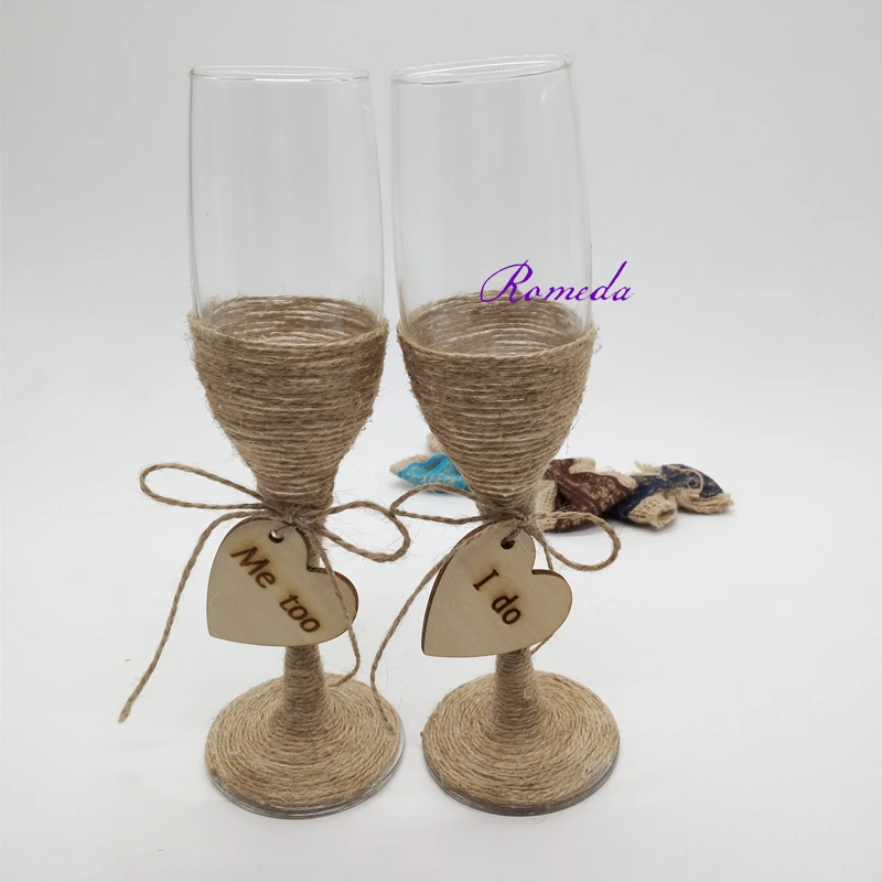 

1Pair/lot Rustic Wedding Glasses Champagne Flutes Burlap Glasses Rustic Toasting Glasses Burlap Me too & I Do Mrs Glasses