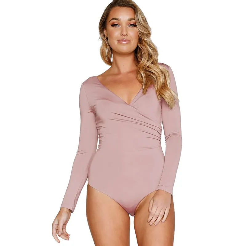 

Women Solid Slim Bodysuits 2018 Summer Long Sleeve Brief Deep V Racerback Bodysuit Black Sexy Skinny Bodysuit