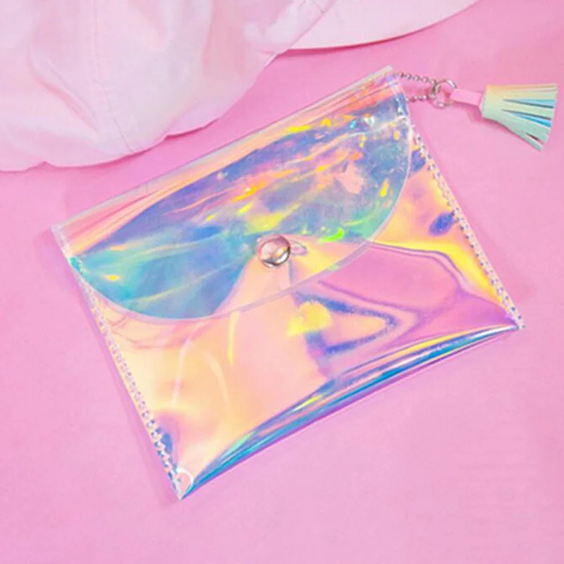 1PCS Colorful Laser Mini Purse Popular Women Bags Tassel Press Buckle Transparent Makeup Bags Envelope Wallet Clutch Handbag