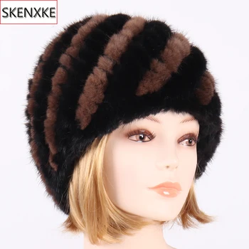 

New Winter Lady Natural Mink Fur Beanies Hat 100% Natural Knit Warm Genuine Mink Fur Cap Women Good Elastic Real Mink Fur Hats