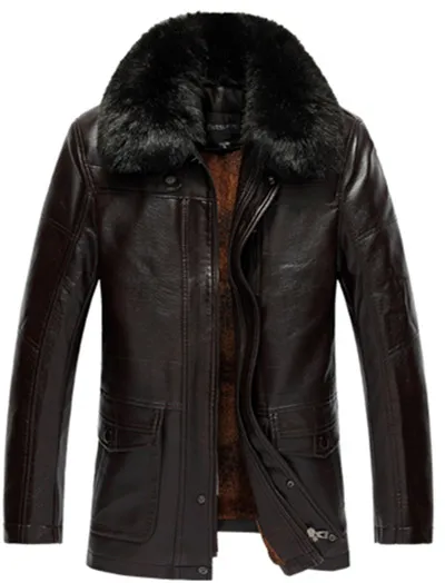 MOGU Leather Jack Мужская зимняя куртка размера плюс 7XL с меховым воротником Куртки из искусственной кожи для мужчин одноцветные Длинные мужские теплые пальто - Цвет: red brown