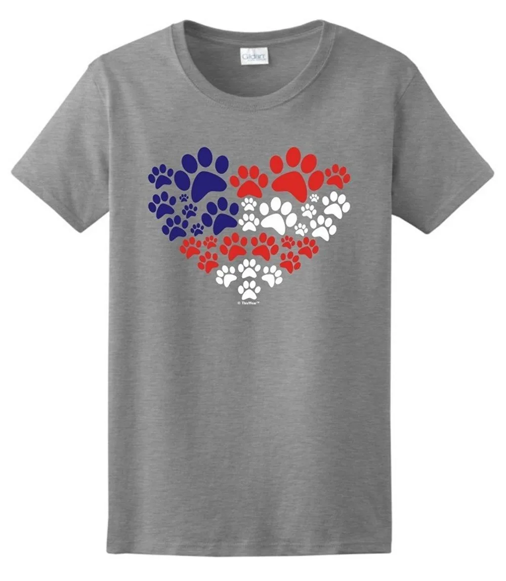 

2018 New short-sleeved round collar Animal Lover Cat Dog Paw Prints Heart USA Flag Ladies T-Shirt summer 100% cotton