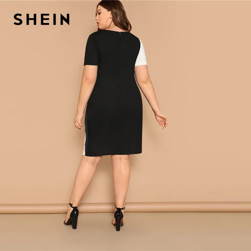SHEIN زائد حجم هامش جبهتين لهجة قلم رصاص اللباس المرأة الصيف نهاية الأسبوع عارضة كم قصير نحيف Colorblock ميدي اللباس SHEIN زائد حجم هامش جبهتين لهجة قلم رصاص اللباس المرأة الصيف نهاية الأسبوع عارضة كم قصير نحيف Colorblock ميدي اللباس
