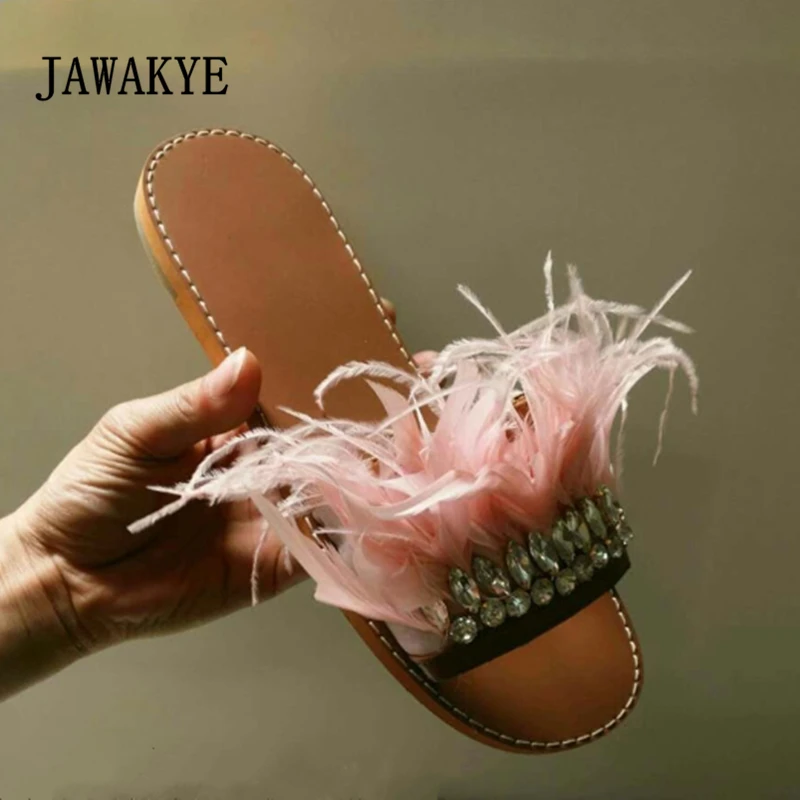 JAWAKYE розовые синие шлепанцы на плоской подошве с перьями женские кристаллами и