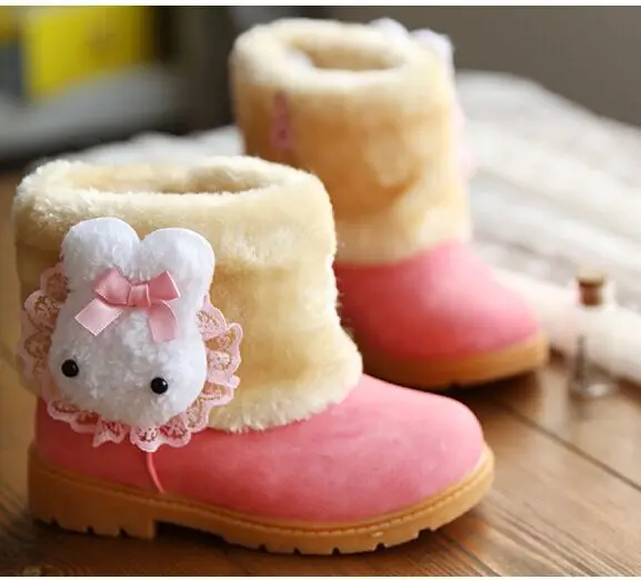 Для маленьких девочек зимняя обувь 2017 розовый пушистые зимние для маленьких девочек зимняя обувь белый кролик Дети Зимние ботинки