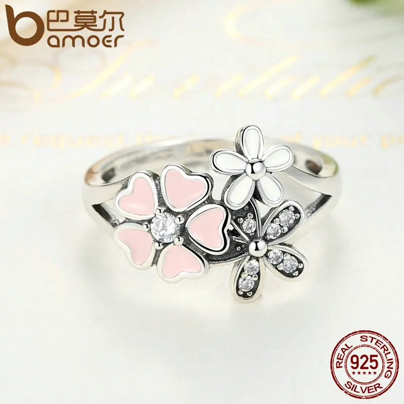 BAMOER Fashion 925 Sterling Silver Pink Flower Poetic Daisy Cherry Blossom Finger Ring for Women #6 7 8 9 Size Jewelry SCR004 silver ring silver rings